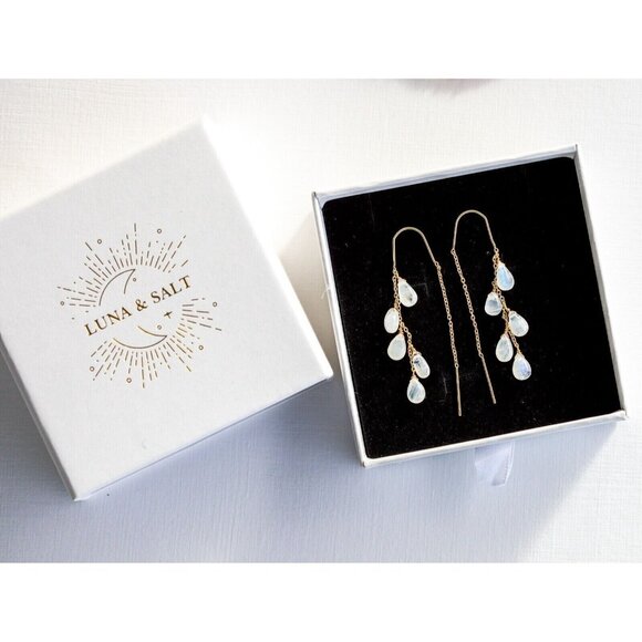 Rainbow Moonstone Threader Earrings Gemstone Dangle Earring Non-tarnish Gold - Picture 9 of 14